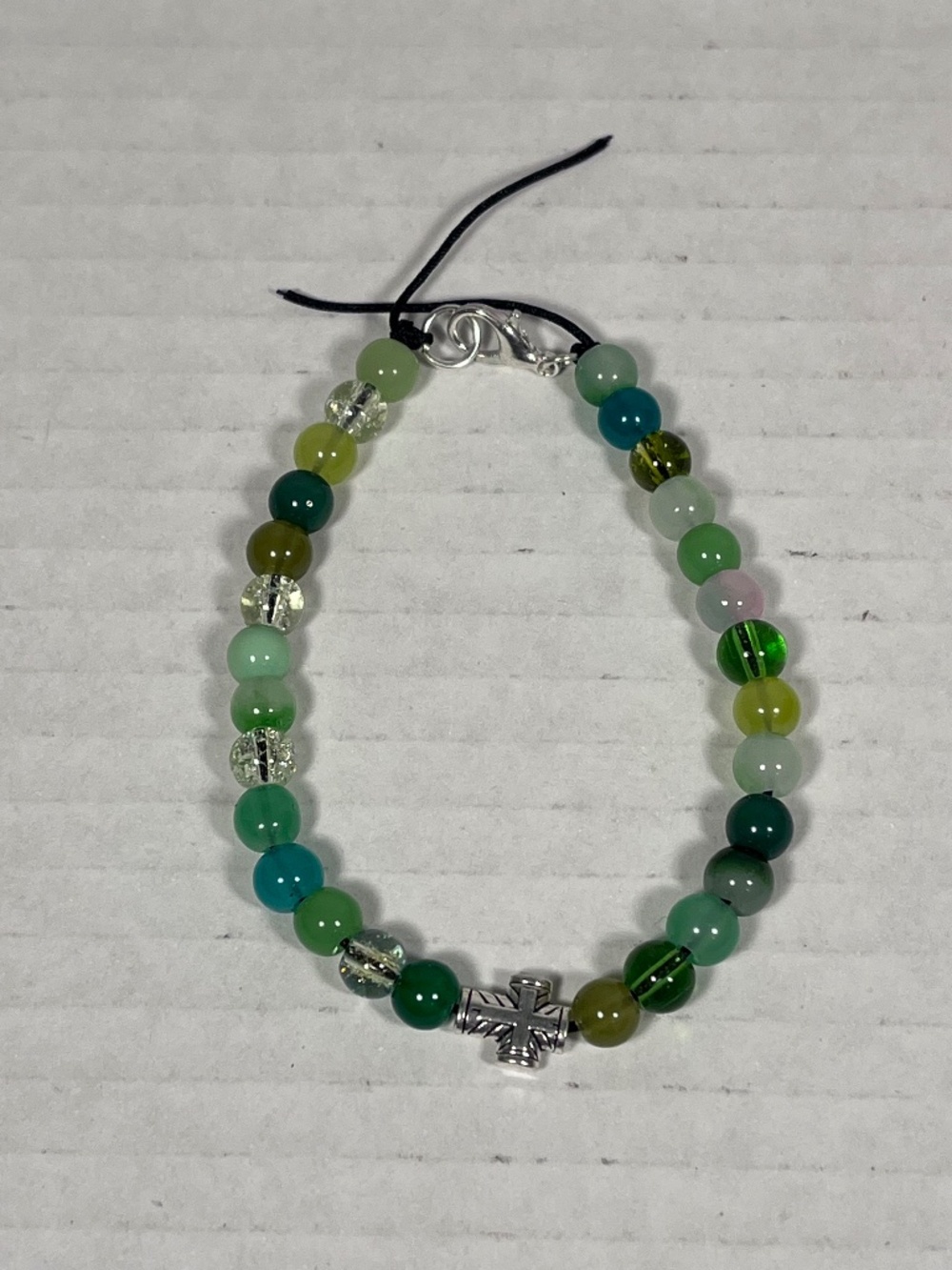 Mini Silver Cross Green Glass Bead Bracelet ~7.50 inches